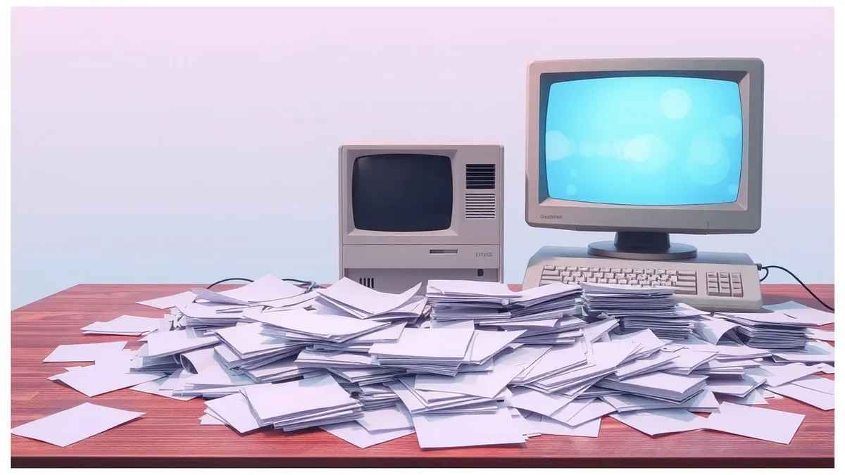 Illustration: A vintage computer terminal sits on a cluttered desk, its blank screen reflecting faint, abstract blue light.