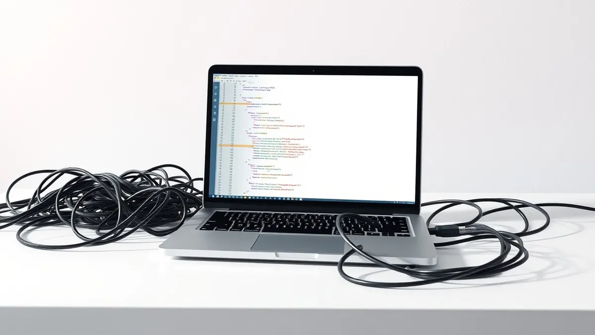 Illustration: A sleek silver laptop sits on a clean white desk, its screen displaying a blank code editor interface with subtle red warning lines.