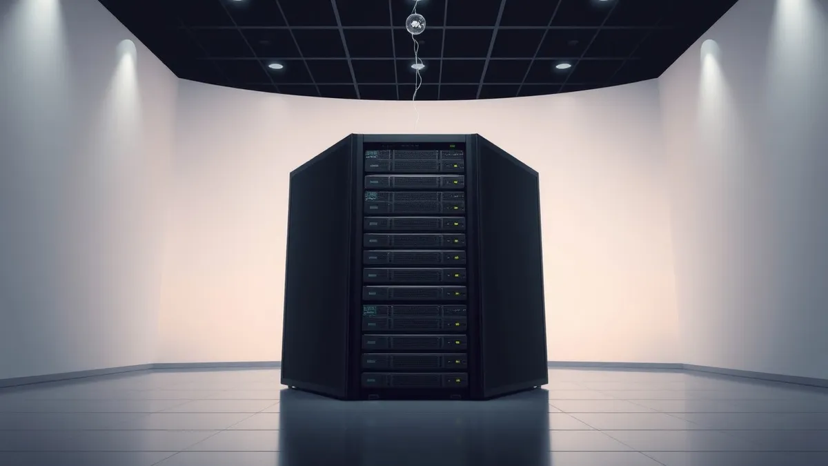 Illustration: A sleek, black content delivery network server rack sits in a sterile room with blank indicator lights.