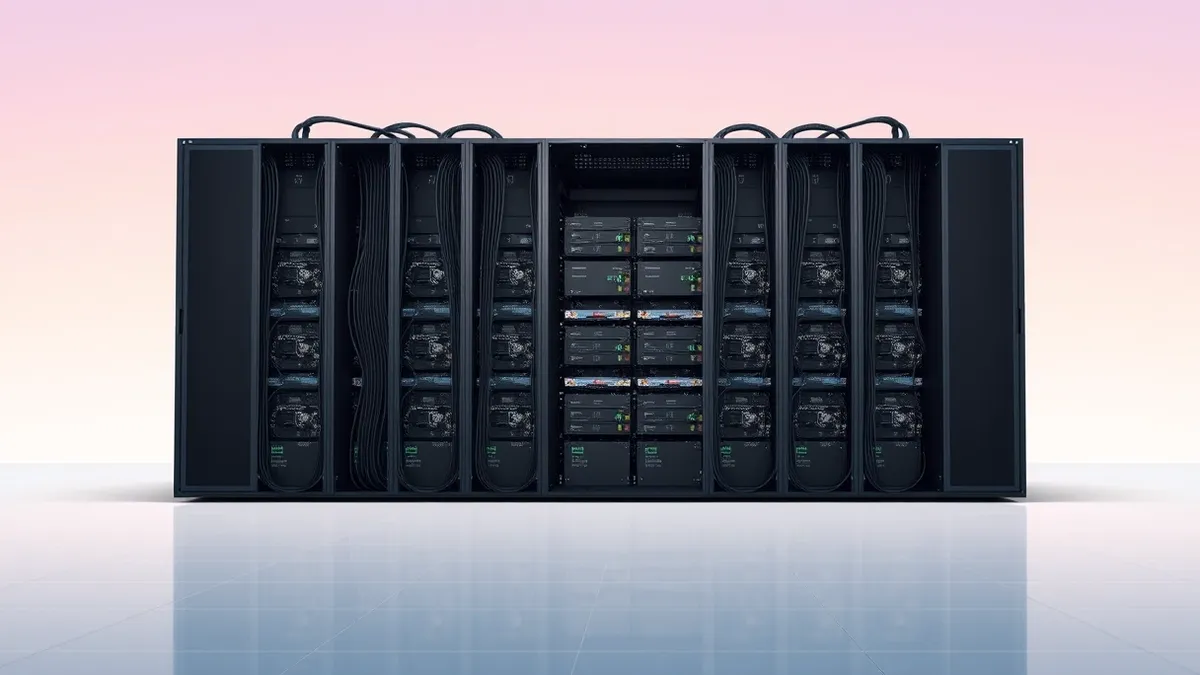 Illustration: A massive black server rack stands in a sterile room, its front panels removed to reveal dense arrays of processors and cooling pipes.