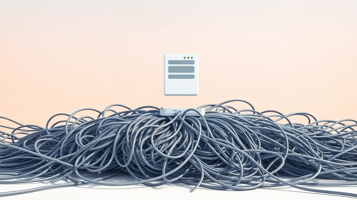 Illustration: A clean white server icon floats above a tangled nest of old grey cables that snap and fall away.