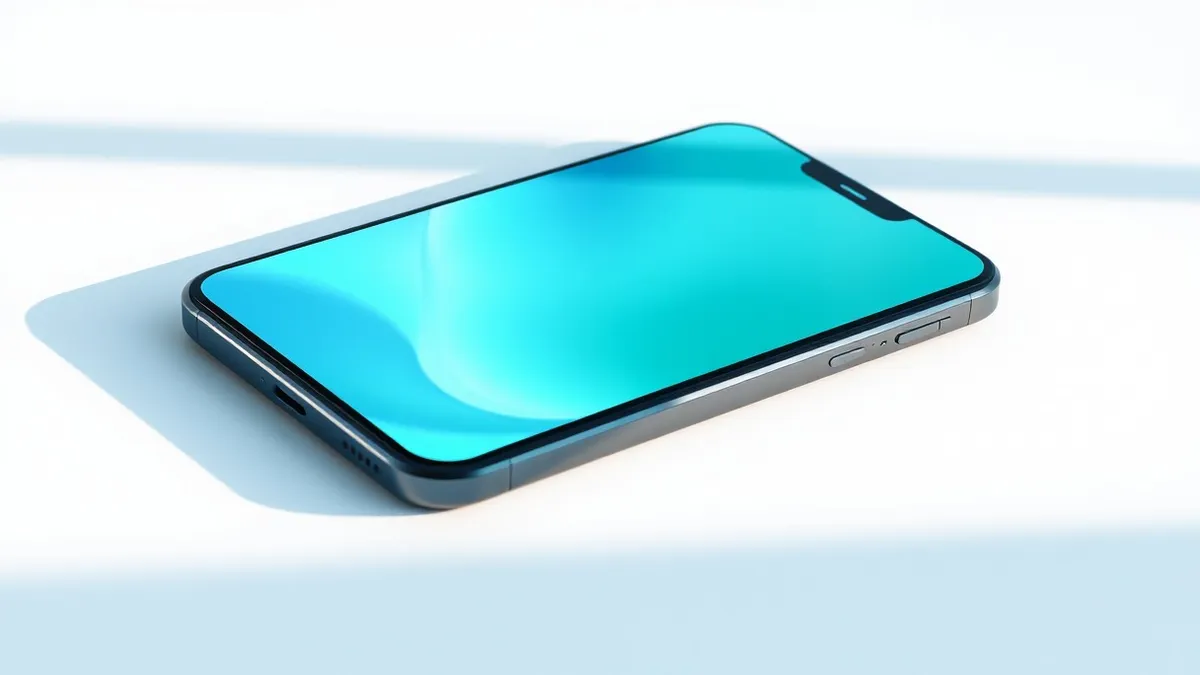 Illustration: A sleek smartphone rests on a clean white surface, its screen glowing with soft abstract blue and green gradients.