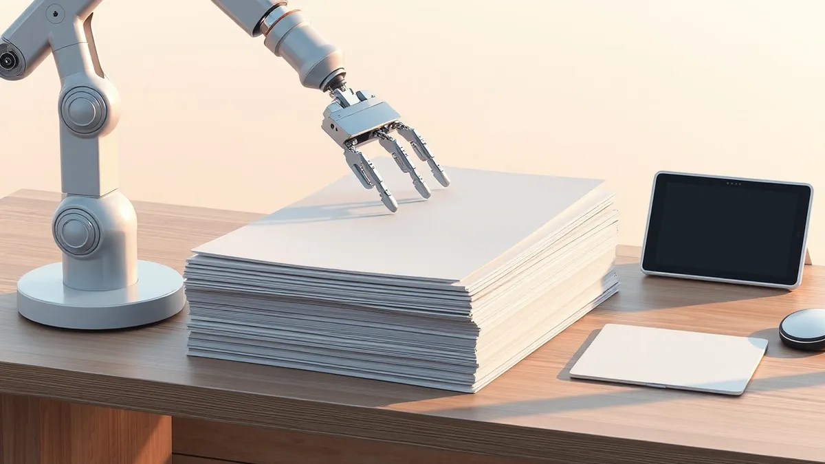 Illustration: A sleek silver robot arm carefully organizes a neat stack of thick white documents on a clean wooden desk.