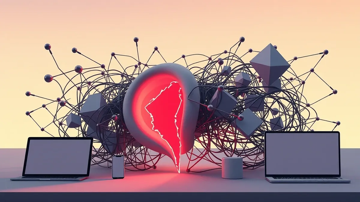 Illustration: A tangled web of abstract geometric shapes unravels from a central digital knot, exposing a jagged, glowing red fissure beneath the surface.