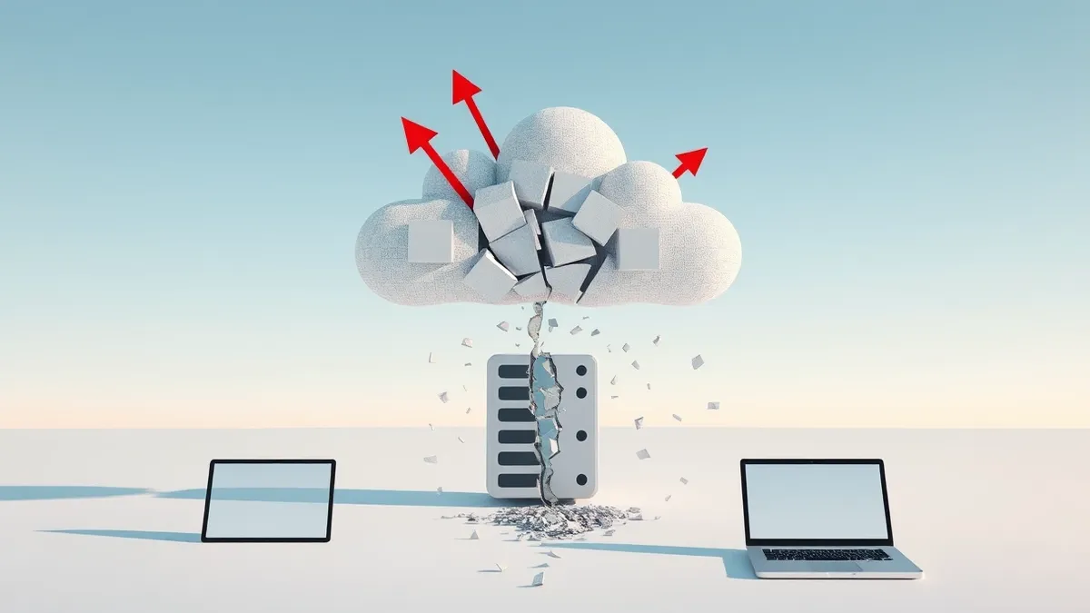 Illustration: A floating cloud shape composed of fragmented digital blocks hovers above a cracked server icon.