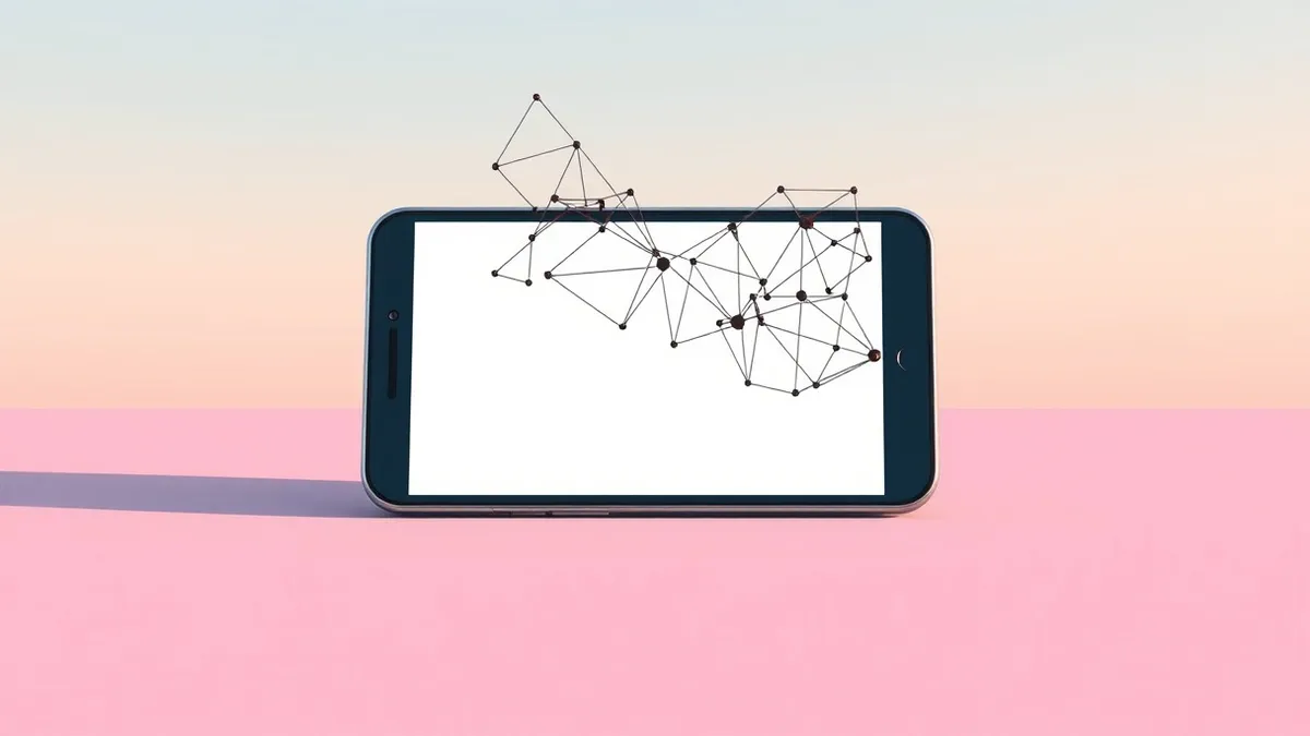 Illustration: A generic smartphone displays a blank screen while a tangled knot of abstract geometric shapes floats above it, representing corrupted data structures merging into th