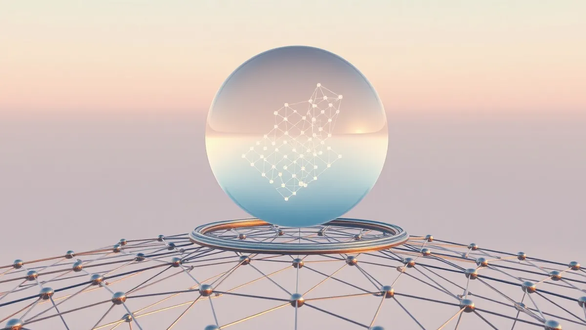 Illustration: A sleek, translucent glass sphere floats above a network of interconnected metallic rings.