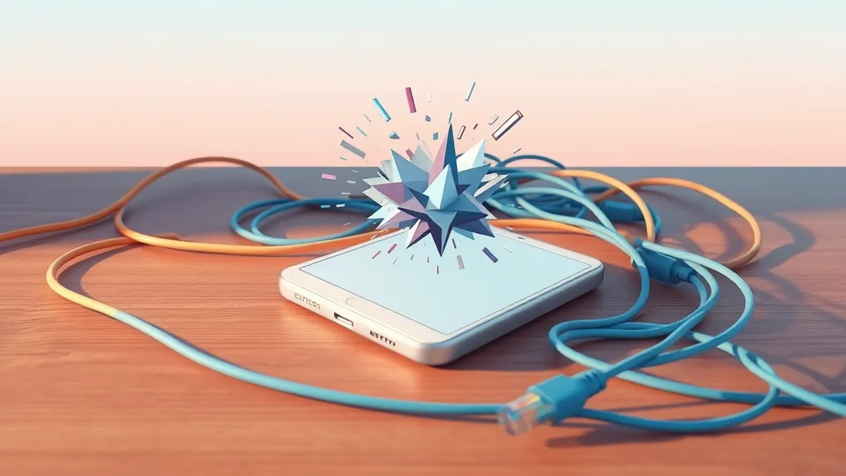 Illustration: A sleek white smartphone rests on a wooden desk next to a tangled mess of colorful ethernet cables.