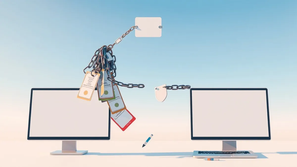 Illustration: A tangled bundle of digital certificates hangs loosely from a single broken chain link, with several cards slipping through the gaps.