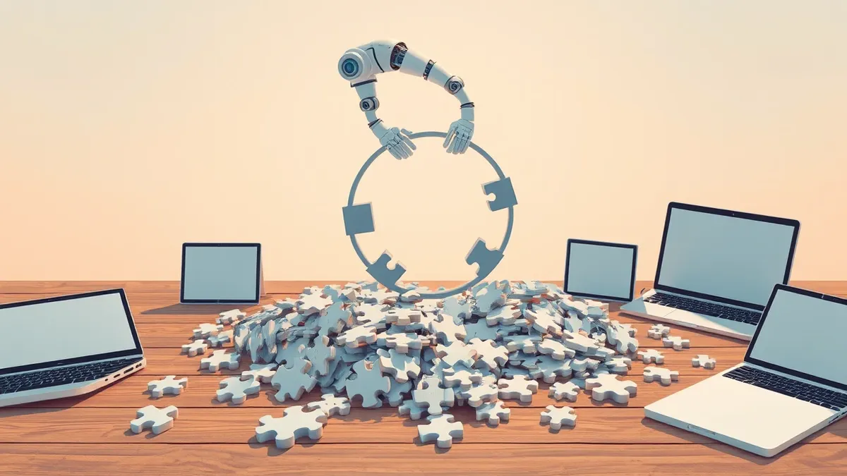 Illustration: A scattered pile of disconnected puzzle pieces sits on a wooden table.