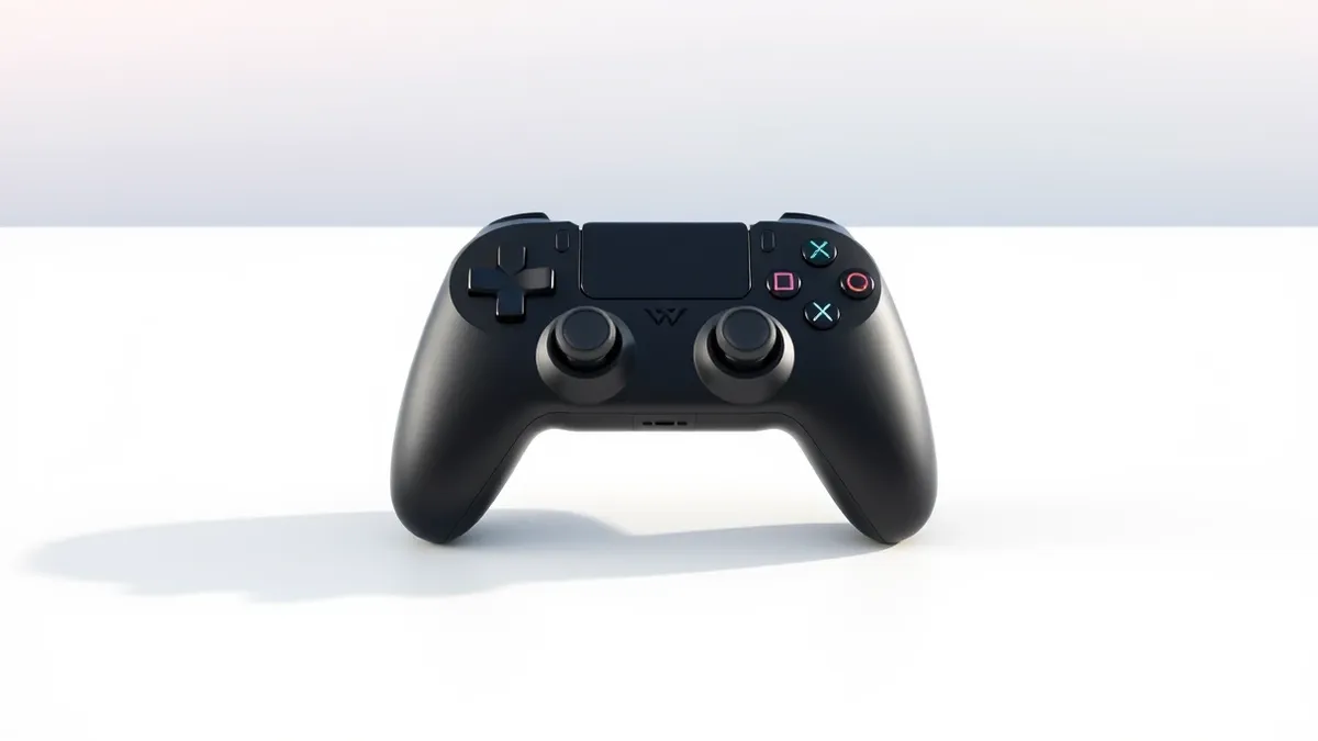 Illustration: A small, matte black game controller rests on a clean white surface next to a standard-sized version for scale.