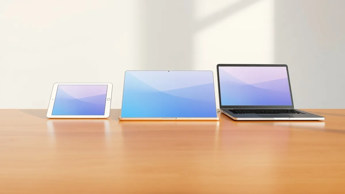 Illustration: A sleek white smartphone, a silver tablet, and a black laptop rest on a polished wooden table under soft studio lighting.