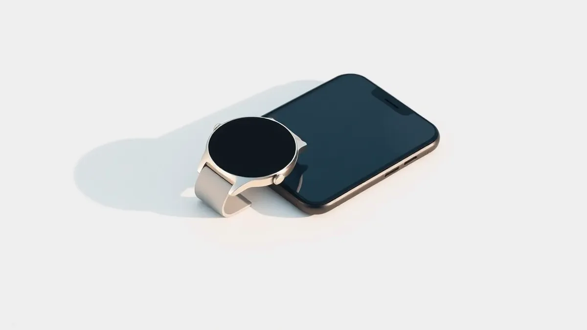 Illustration: A sleek silver smartwatch and a matte black smartphone rest on a clean white surface.