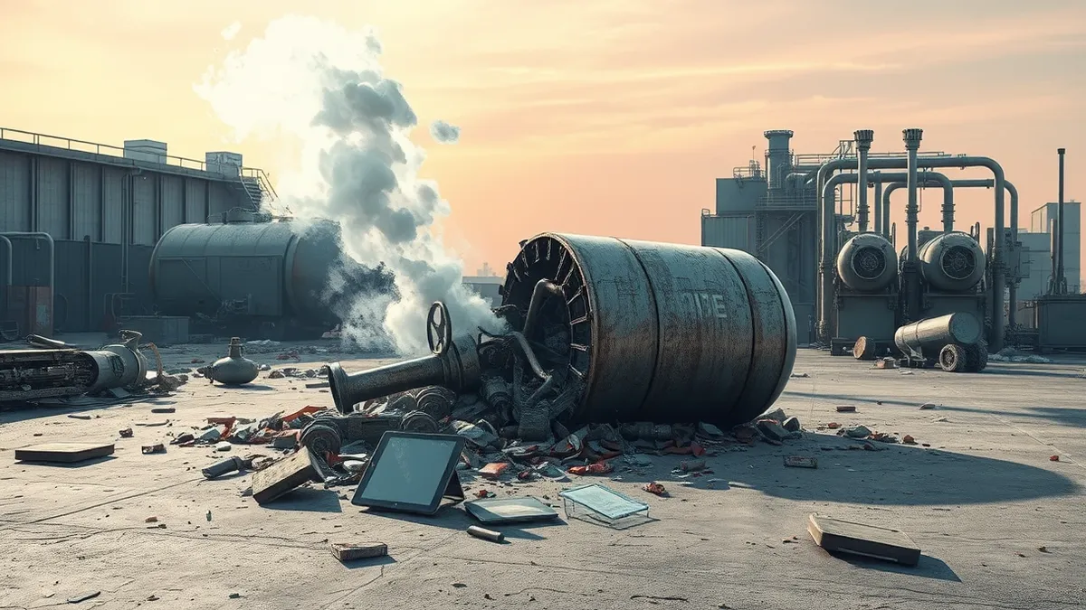Illustration: A shattered metal gas cylinder lies amidst twisted debris on a concrete factory floor.