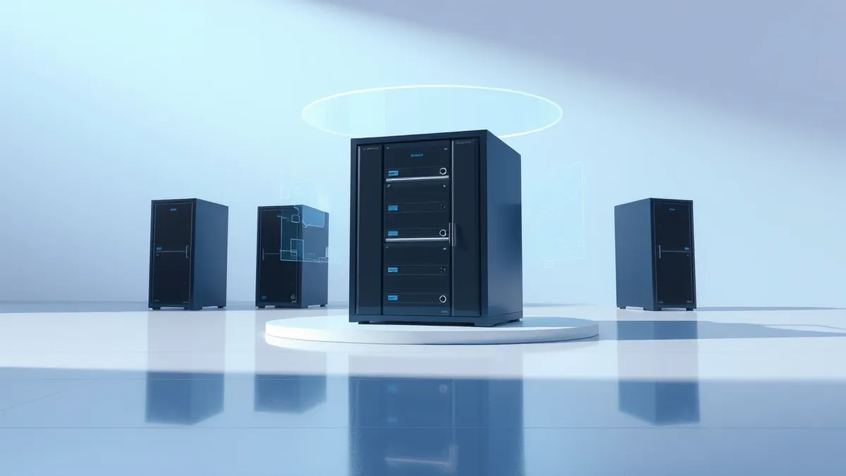 Illustration: A sleek black server unit sits on a polished stage floor, surrounded by soft blue lighting.