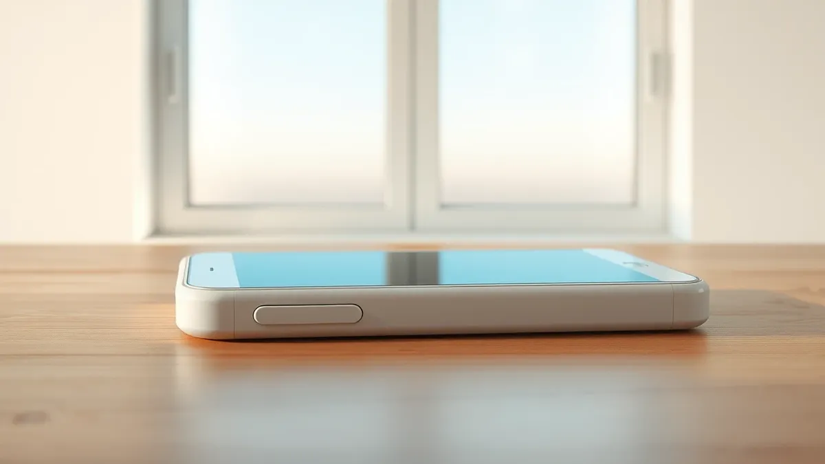 Illustration: A sleek white smartphone lies closed on a minimalist wooden table, its hinge catching the soft morning light.