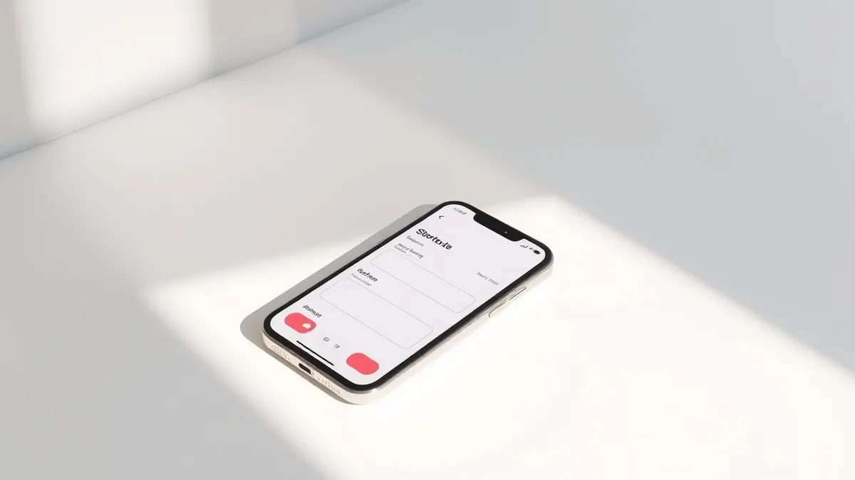 Illustration: A smartphone rests on a clean white desk, displaying the Shortcuts app interface with blank input fields and abstract geometric icons.