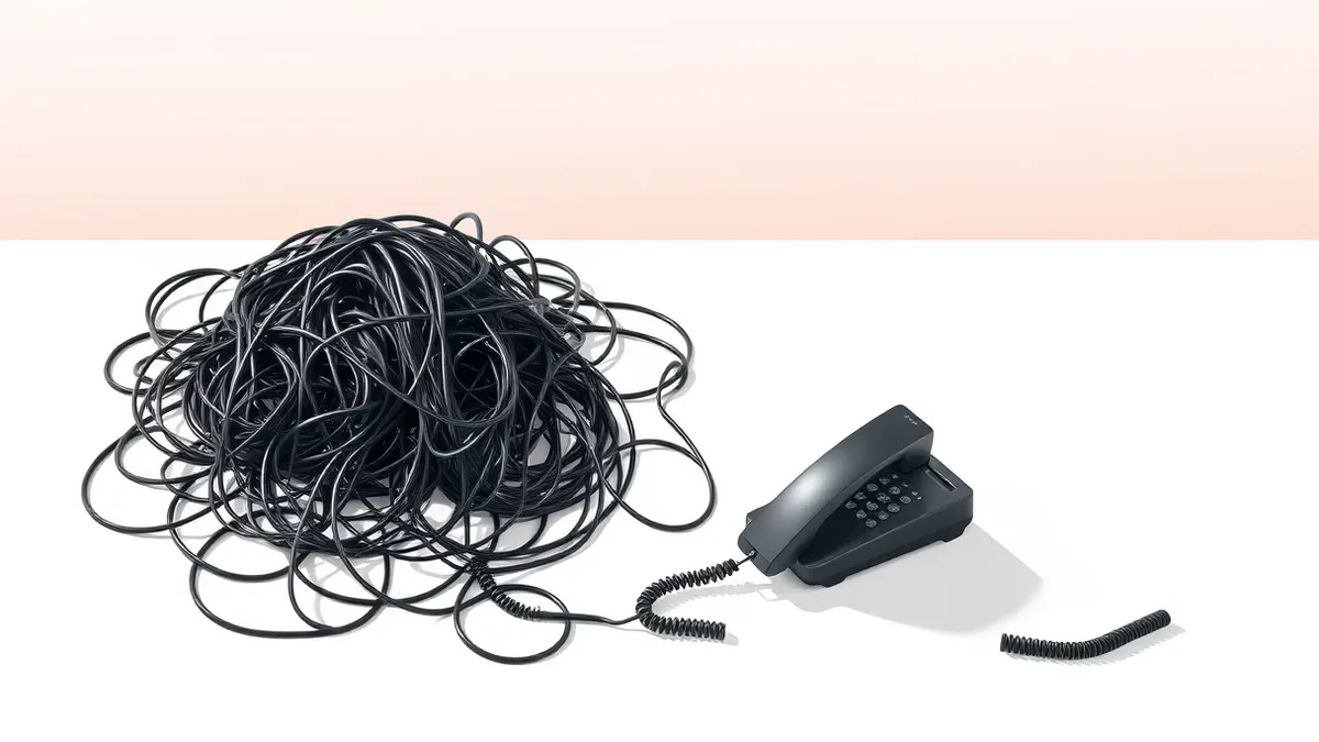 Illustration: A tangled ball of black telephone cords spills across a clean white desk surface.