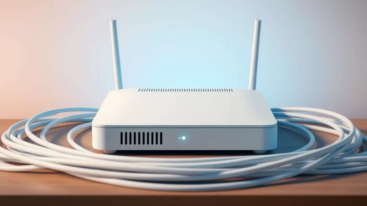 Illustration: A sleek white router sits on a desk, surrounded by coiled fiber optic cables that glow with soft blue light.