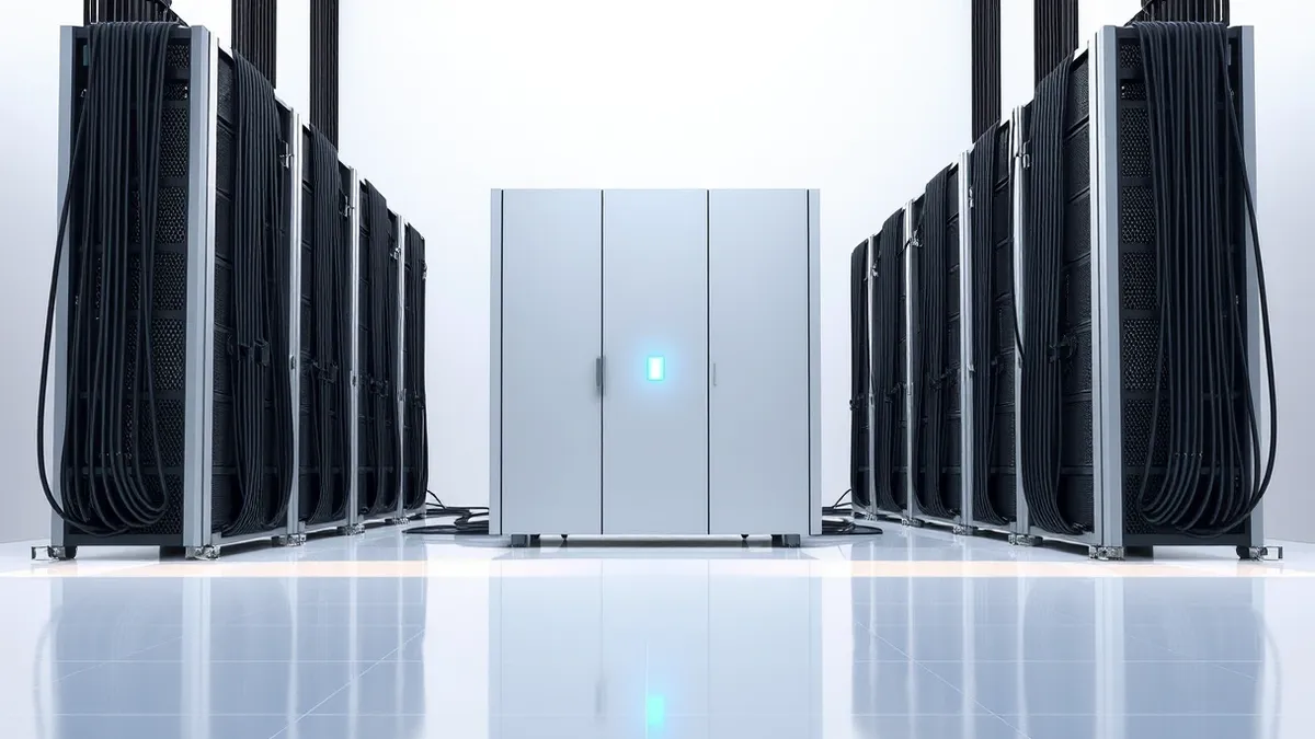 Illustration: A sleek silver server rack stands in a clean white room, with thick black cables neatly bundled and plugged into its rear ports.