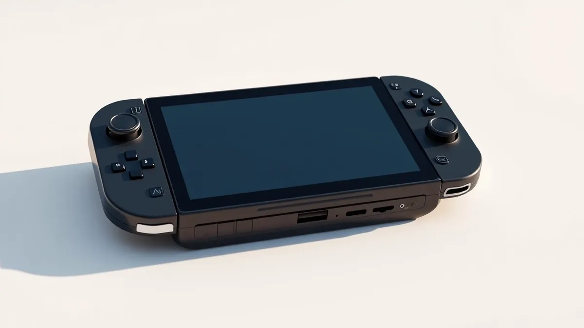 Illustration: A sleek, black handheld gaming console rests on a clean white surface.
