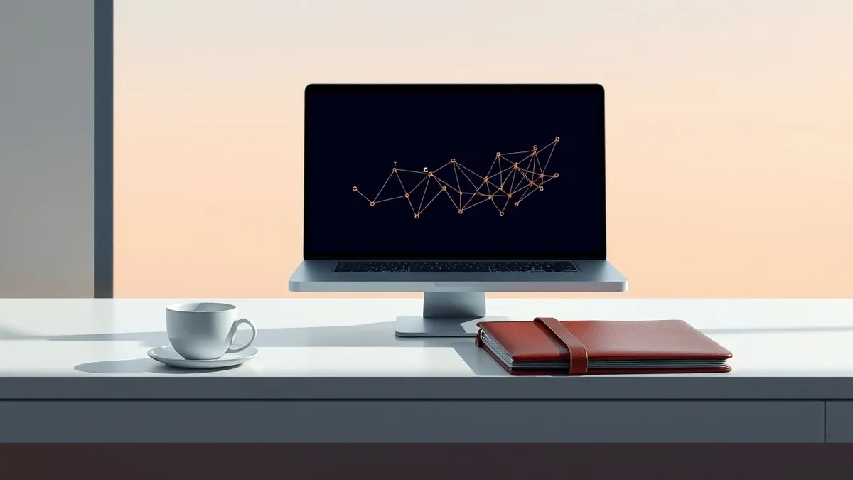 Illustration: A sleek modern office desk holds a single open laptop displaying an abstract geometric network graph.