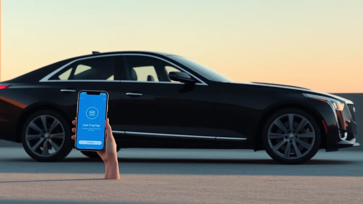 Illustration: A sleek black Cadillac sits in a modern driveway next to a smartphone displaying a minimalist digital car key interface.