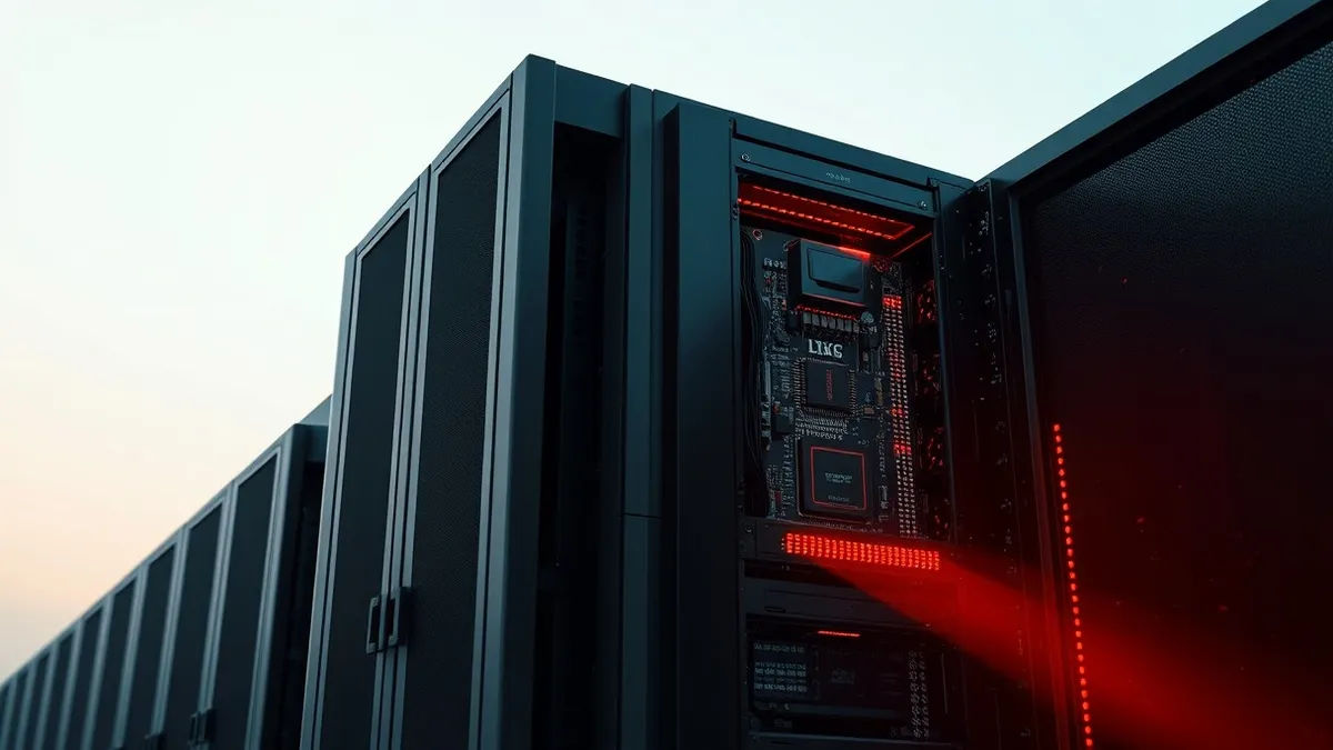 Illustration: A sleek black server blade sits isolated in a dark rack, its front panel cracked open to reveal exposed circuitry.