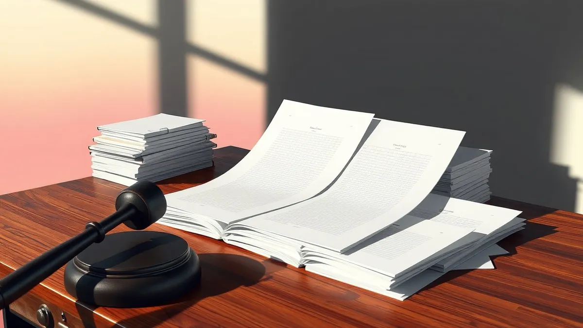 Illustration: A thick stack of white paper files spills open on a polished wooden desk, revealing blank pages with faint grid lines.