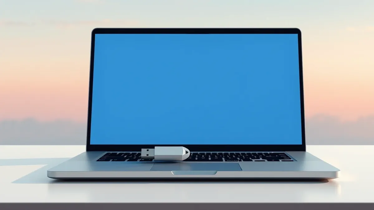 Illustration: A sleek, silver laptop sits open on a minimalist desk, its screen displaying a clean, abstract installation progress bar in blue.