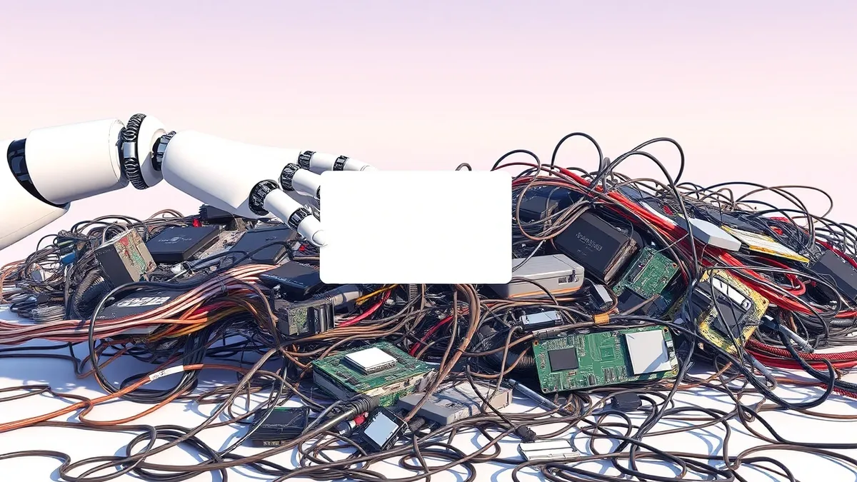 Illustration: A sleek white robotic arm extends a blank digital card toward a scattered pile of tangled computer cables and exposed circuit boards.