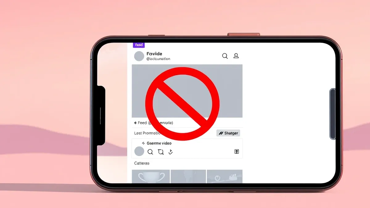 Illustration: A smartphone screen displays a blank social media interface with a red prohibited symbol overlaying a generic video player.