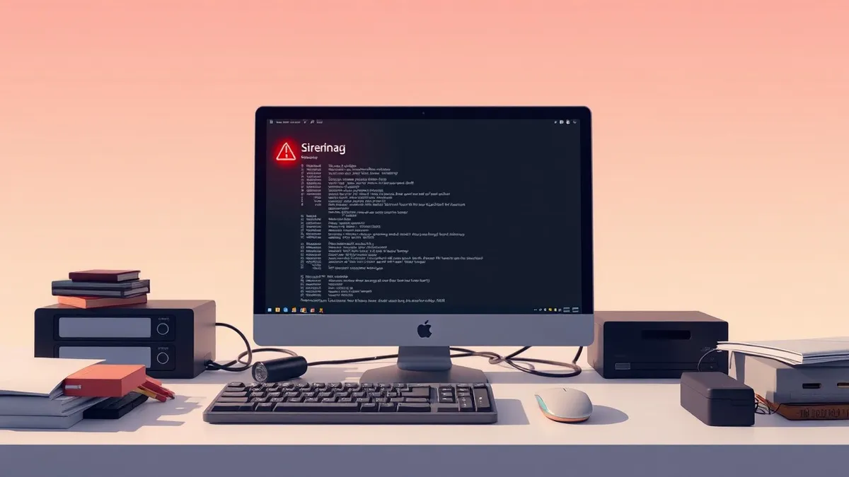Illustration: A sleek aluminum Linux desktop computer sits on a cluttered office desk.