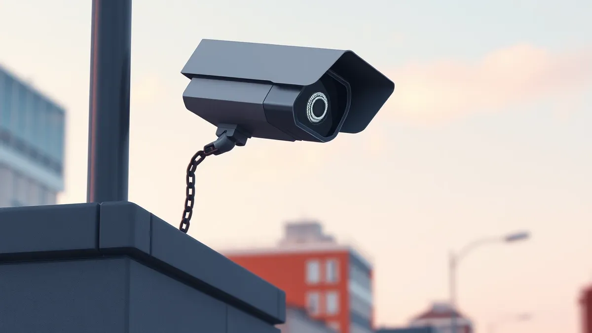 Illustration: A sleek security camera perched on a street corner tilts its lens downward, capturing a blurred, abstract city scene.