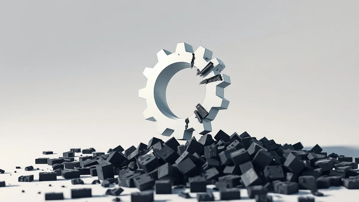 Illustration: A single white gear floats above a scattered pile of broken black code blocks.