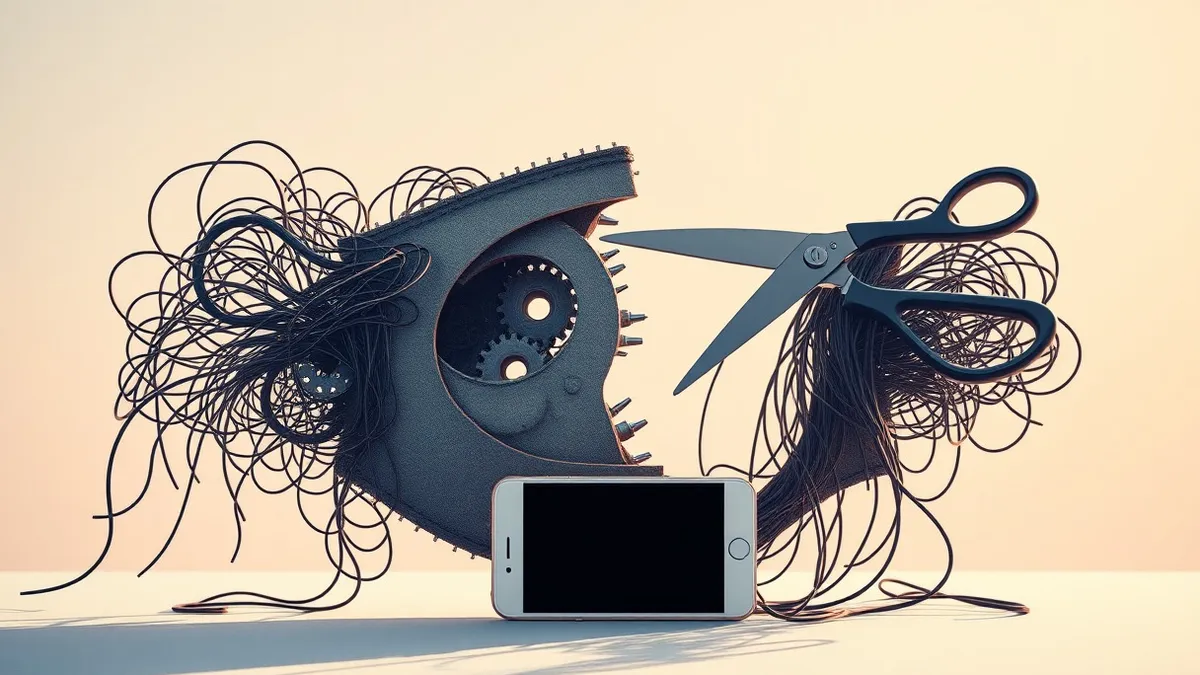 Illustration: A chaotic tangle of digital threads pulls apart a fractured mask, revealing hollow gears inside.
