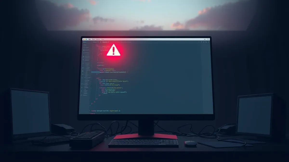 Illustration: A generic computer monitor displays a blank code editor window with a single glowing red warning icon hovering over the interface.