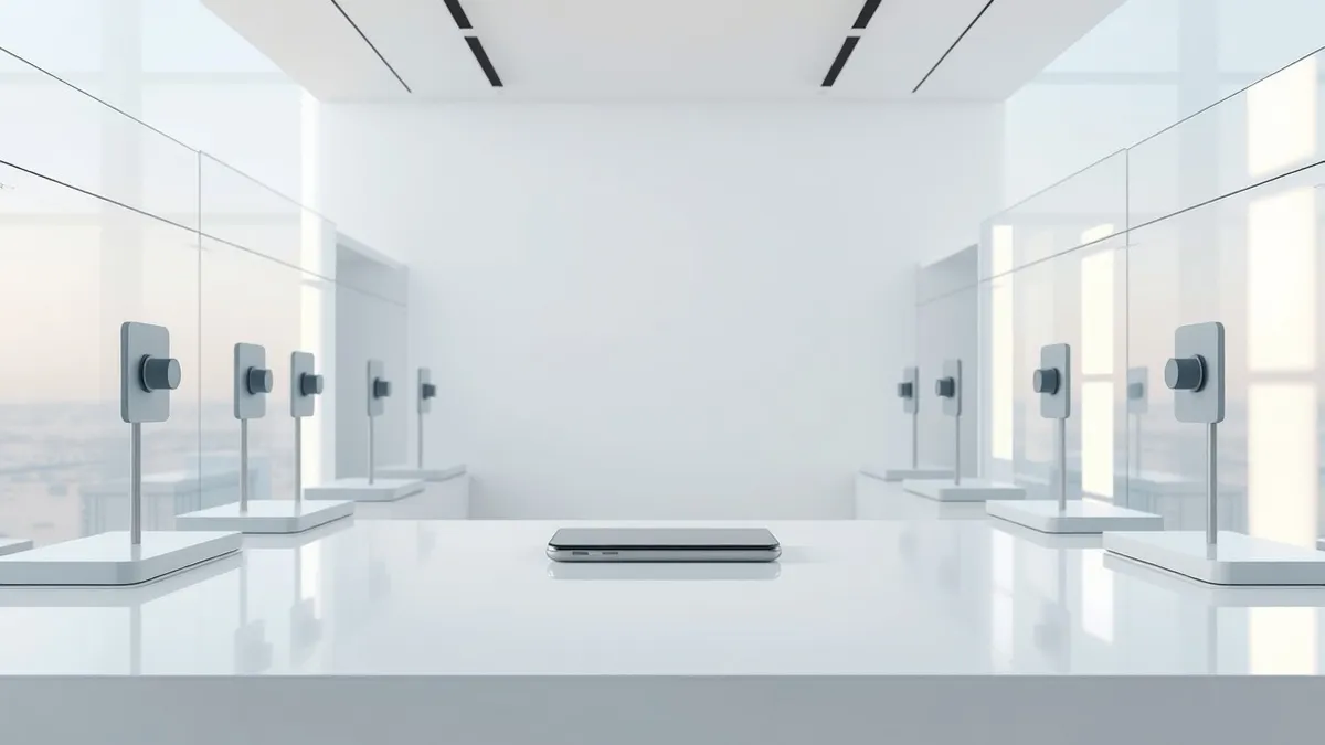 Illustration: A sleek smartphone sits on a pristine white countertop in a minimalist store.