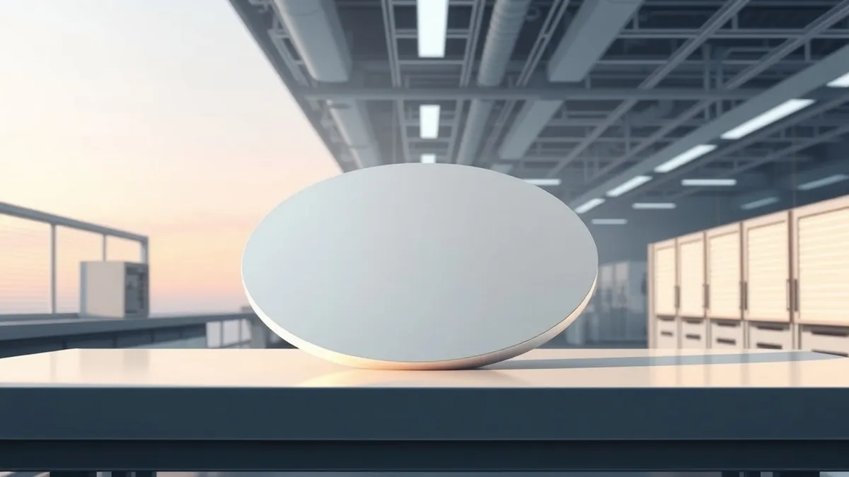 Illustration: A large, pristine silicon wafer rests on a cleanroom table, its surface reflecting the sterile white lights of a high-tech manufacturing facility.