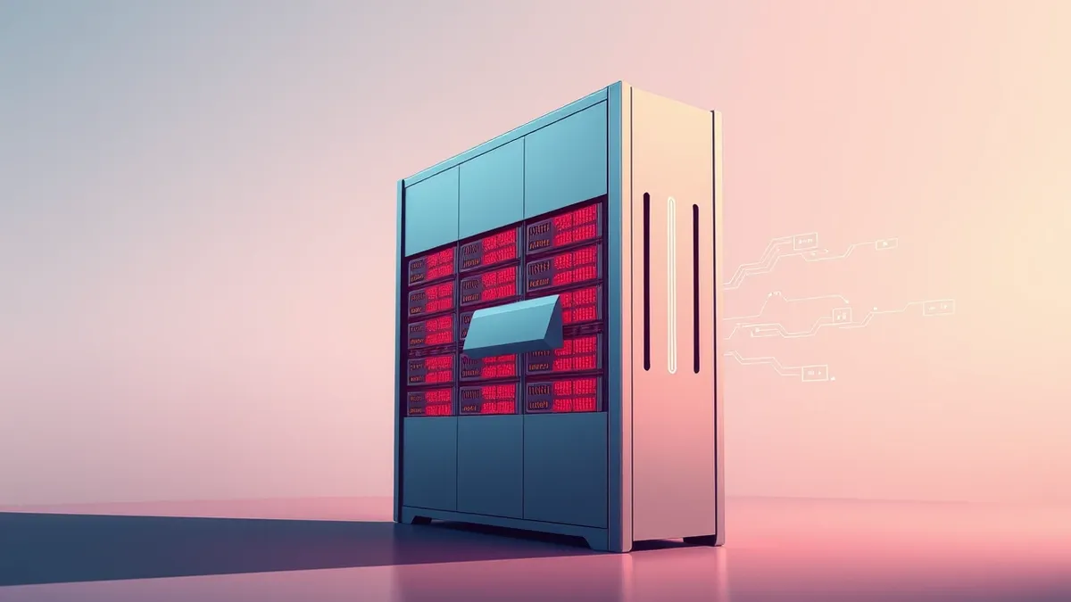 Illustration: A sleek silver server tower stands in a quiet room.
