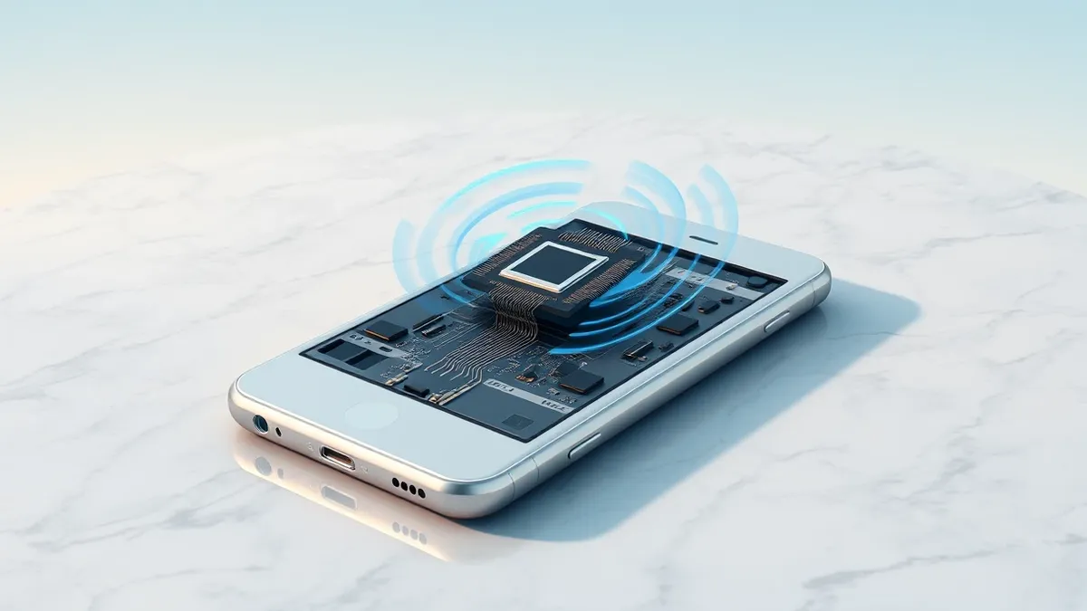 Illustration: A sleek silver smartphone rests on a cool marble surface with its back panel removed to reveal the internal circuitry.