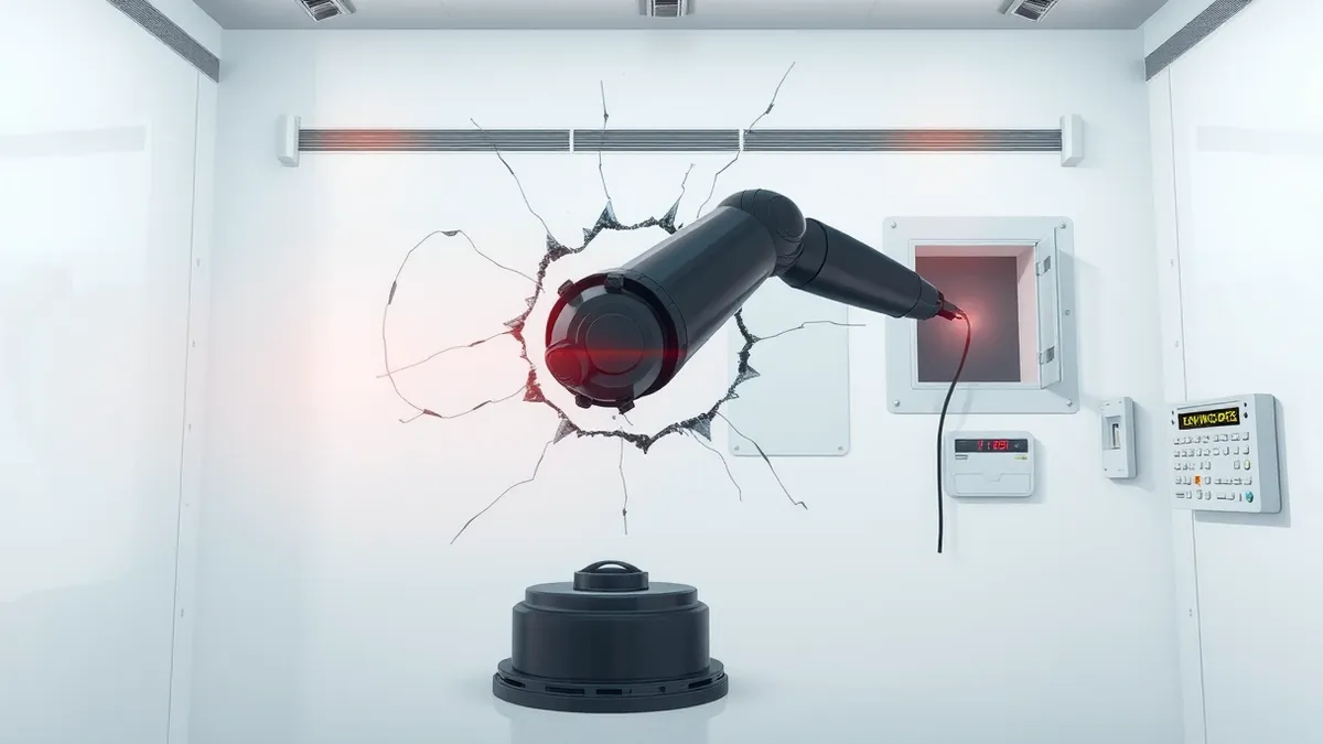 Illustration: A sleek black robot arm breaks through a shattered glass barrier in a sterile white room.