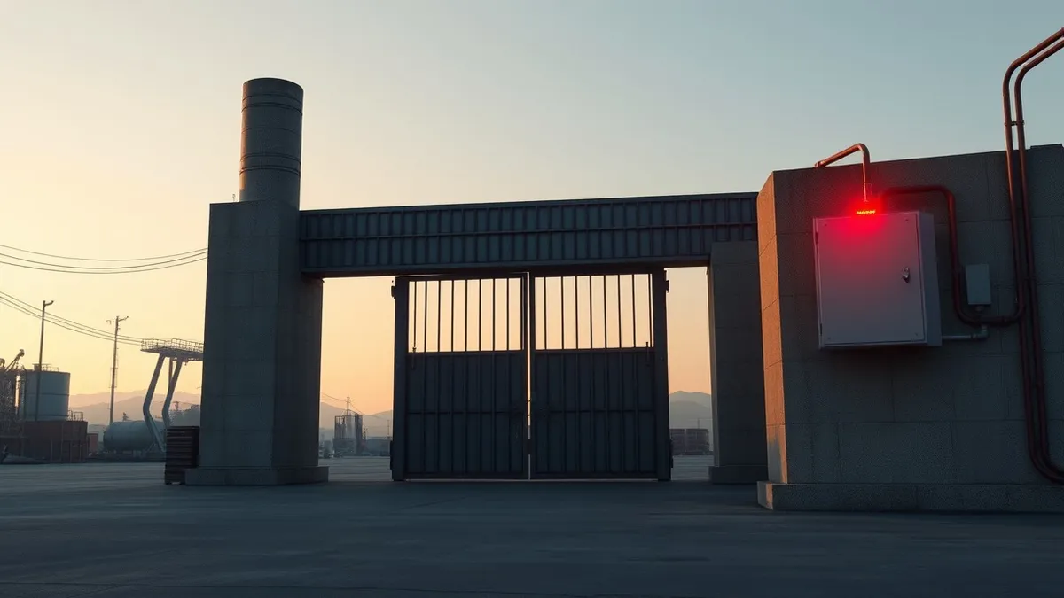 Illustration: A heavy steel factory gate stands slightly ajar in a dim industrial yard.
