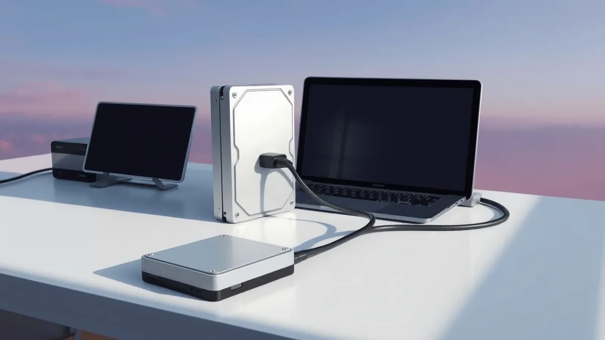 Illustration: A small white hard drive sits beside a much larger silver storage enclosure on a clean desk.