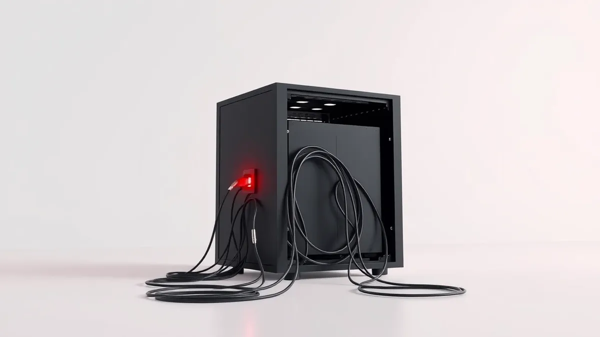 Illustration: A sleek black server box sits isolated against a stark white background.