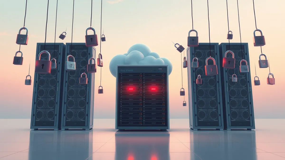 Illustration: A cloud storage server sits isolated in a sterile room, surrounded by floating digital locks that are broken and hanging open.