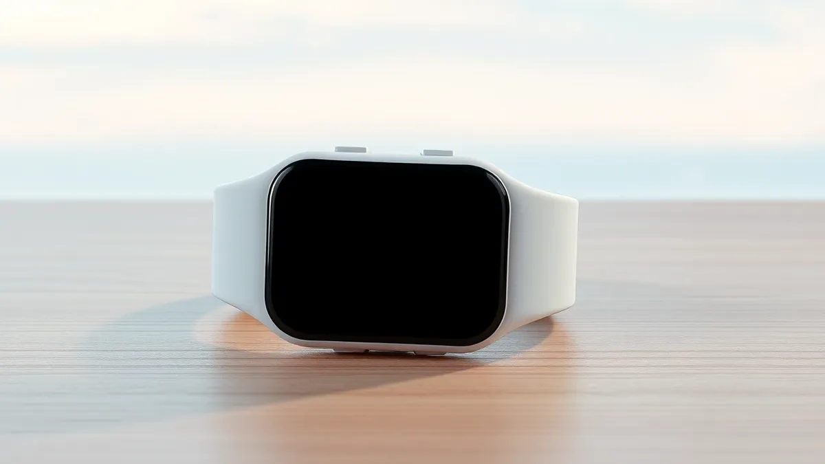 Illustration: A white fitness band rests on a smooth wooden surface, its blank screen reflecting soft ambient light.