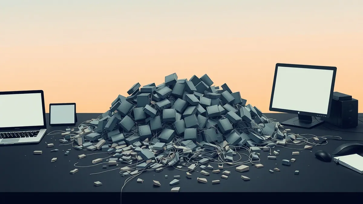 Illustration: A fragmented pile of compressed data blocks sits on a dark desk, with thin threads of raw information leaking out from the cracks.