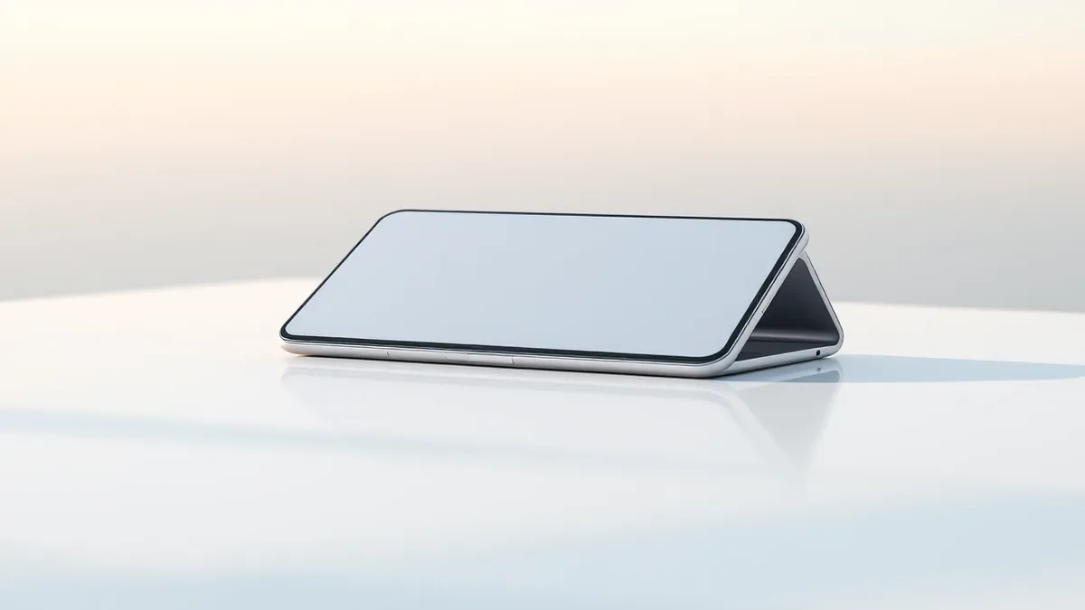Illustration: A sleek, closed foldable smartphone rests on a polished white surface, its metallic hinge reflecting soft ambient light.