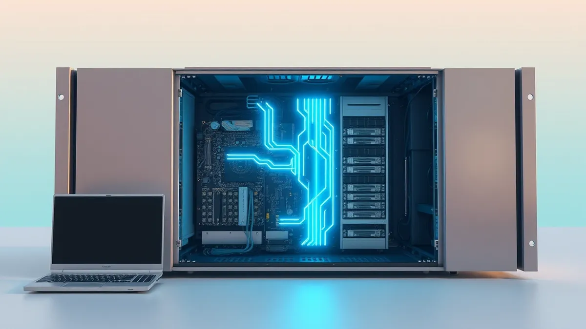 Illustration: A sleek server chassis sits open, revealing intricate circuit boards and storage drives arranged in a complex grid.